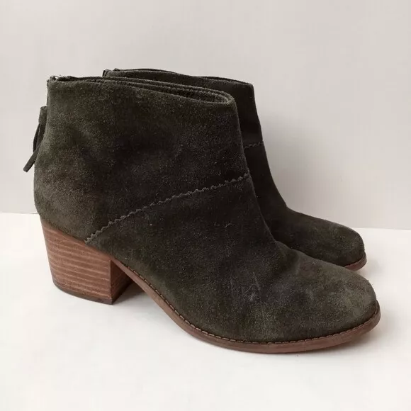 Toms Leila Suede Ankle Booties Size 8 Women's Olive Green Leather Block Heel