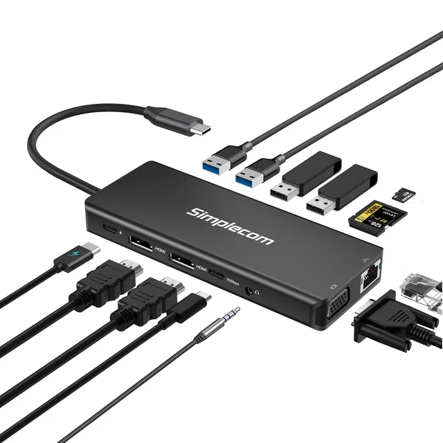 Simplecom CHN613 USB-C 13-in-1 Multiport Docking Station Dual HDMI + VGA Triple