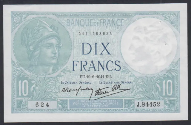 FRANCE 10 FRANCS MINERVE 19-6-1941 N° J.84452 624 SUP, lartdesgents.fr (AUS) p31