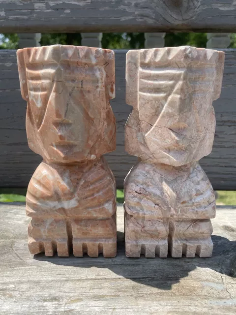 Set of 2 Hand Carved Onyx Marble Aztec Mayan Tribal Bookends 🔥🔥🔥