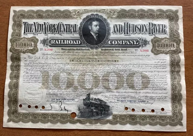 $10,000 New York Central & Hudson River Railroad Company Bond Stock Certificate