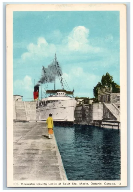 Sault Ste Marie Ontario Canada Postcard SS Keewatin Leaving Locks c1940's