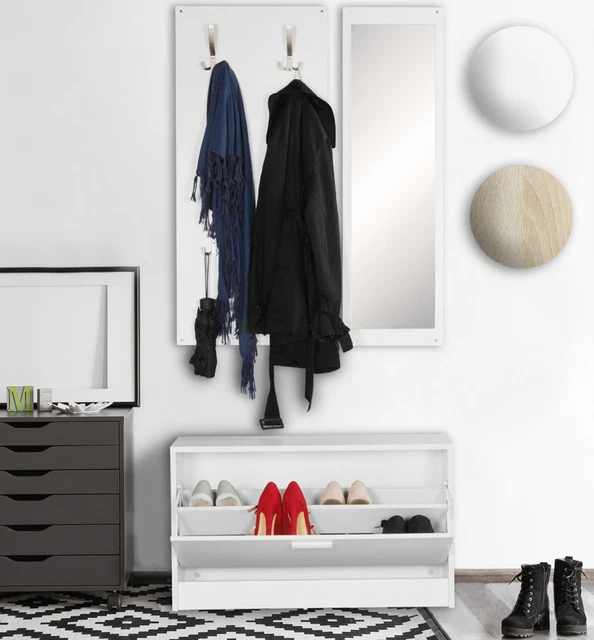Ensemble De Garde-robe Rafi Avec Miroir - Armoire à Chaussures + Panneau Mural - Blanc - Pour Couloir Ou Entrée