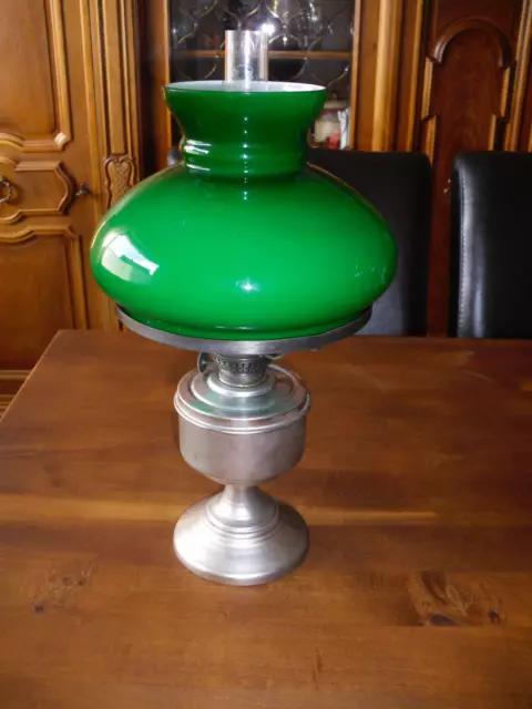 Petroleumlampe Kosmos Brenner Glasschirm grün Öllampe ältere Tischlampe Vintage