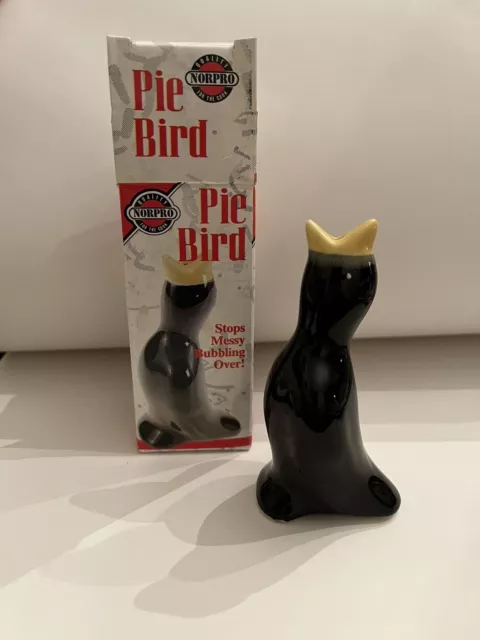 Vintage Norpro Pie Bird Black & Yellow 4" Tall In Original Box No Bubbling Over