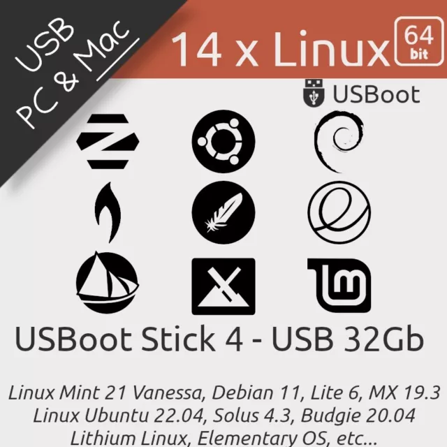 CLÉ USB LINUX x 14: UBUNTU, MINT, LITE, SOLUS BOOTABLE DRIVE LIVE & INSTALL 32GB