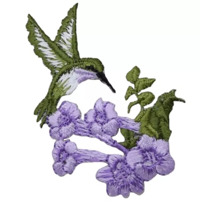 Small Hummingbird Applique Patch - Purple Flowers, Bird Badge 2.5" (Iron on)