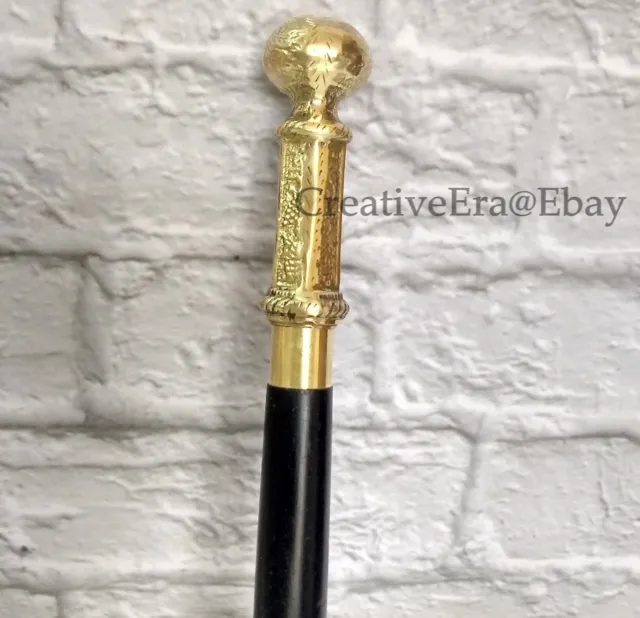 Designer Brass Long Handle Walking Stick Black Wooden Brass Inlaid Cane Gift