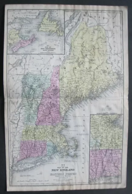 1844 Mitchell Map:New England-Eastern States-Boston-Hartford-Nova Scotia-Ships