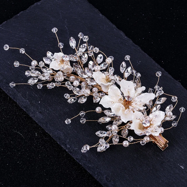 Abrazaderas doradas artesanales estrás para cabello con flores realistas clip para cabello delicadeza