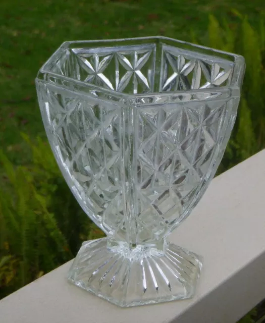 Vintage Art Deco Crown Crystal Australia Hexagonal Clear Depression Glass Vase