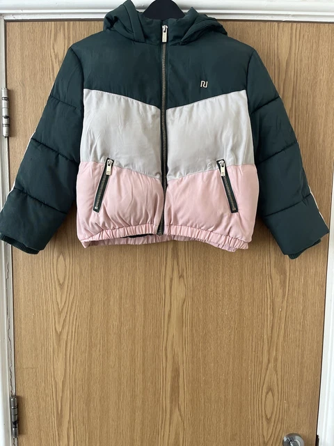 Girls RIVER ISLAND Green / Pink / White Colour Block Warm Jacket Age 7-8 Years