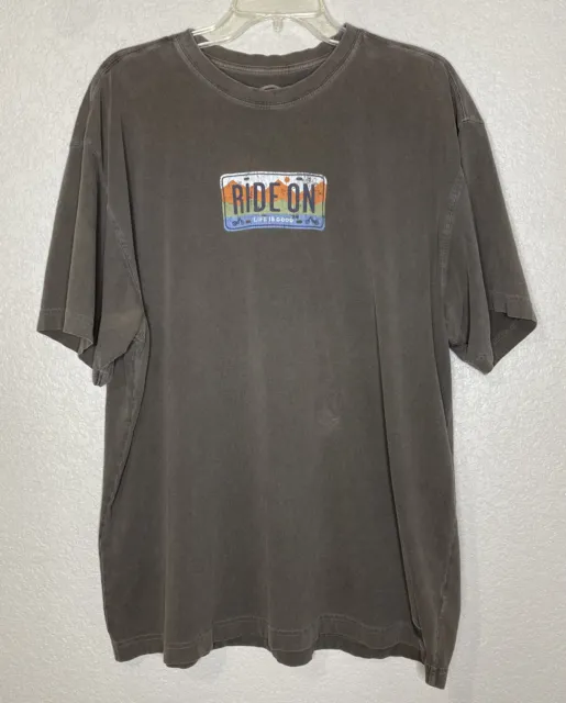 Life Is Good T-Shirt XL RIDE ON Motorcycle License Plate Mountains Faded Brown