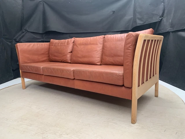 EB2664 Danish Cognac Leather Three Seater Sofa w. Beech Ends Vintage Retro M3SS