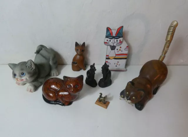 collection de 8 chats statuettes vintage bibelots céramique bois résine