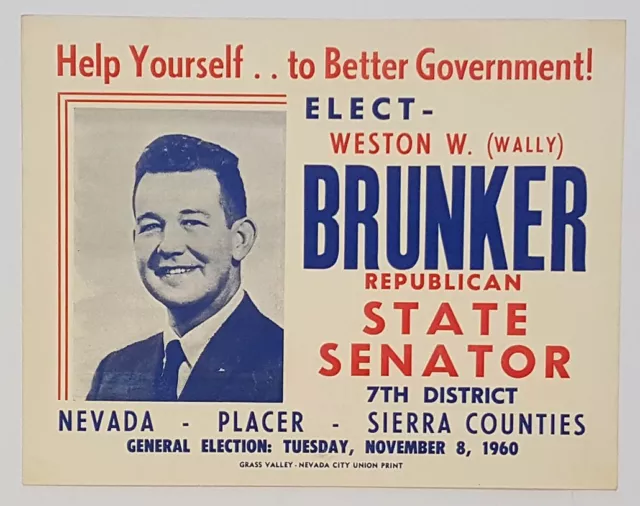 1960 Weston Brunker Republican State Senator Poster California - Nevada