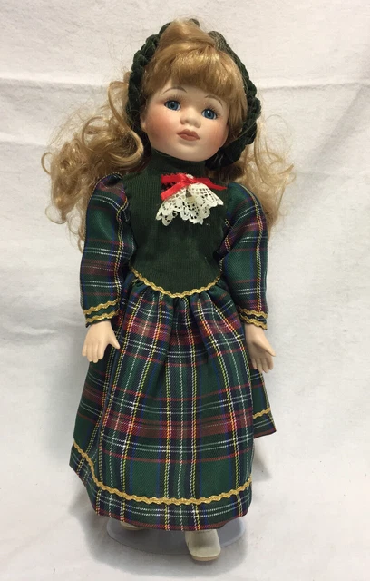 Vintage Porcelain Doll 16" Blue Eyed Blond Curls Hair Plaid Dress Stand Included