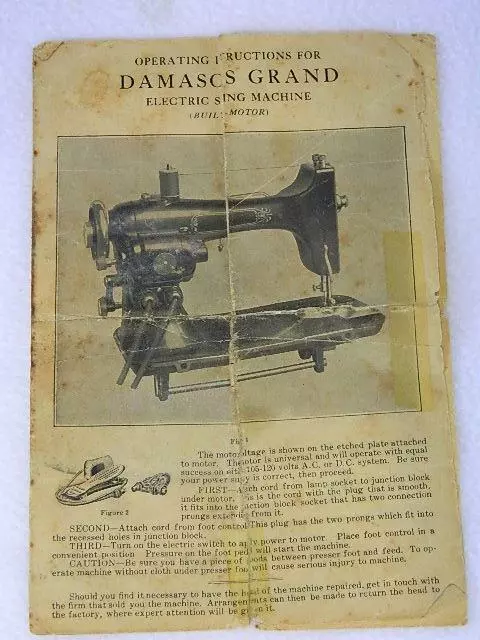 Antique Damascus Grand Electric Built-In Motor Sewing Machine Operating Instr. Antique Damascus Grand Electric Built-In Motor Sewing Machine Operating Instr.