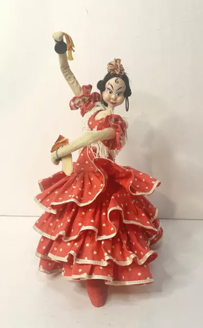 Vintage Klumpe Spanish Flamenco Dancer Doll Hand Painted Fabric & Wire Spain 9”