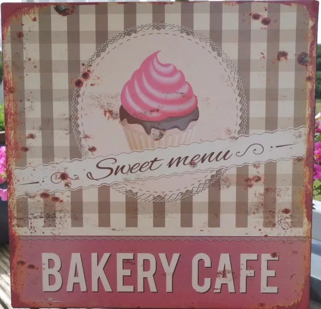 Shabby Blechschild Wandbild SWEET MENU BAKERY CAFE Retro Antiklook 30 x 30cm NEU