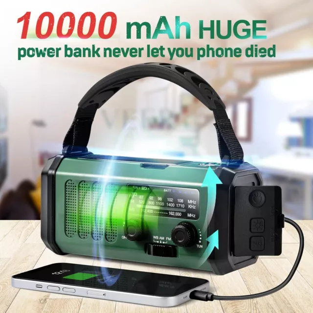 10000mAh Emergency Solar Hand Crank Weather Radio Portable AM/FM/SOS/NOAA/IPX5 3