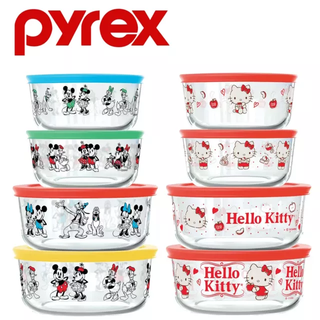 Disney 100 Mickey Mouse Sanrio Hello Kitty Pyrex 4 Glass Storage Set + 4 Lids