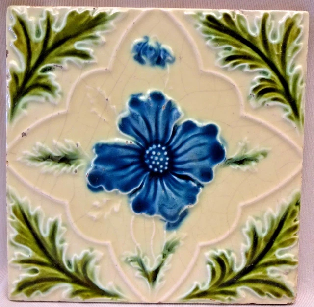 Antique English Tile Majolica Flower Motif Design Ceramic Architecture Rare "158