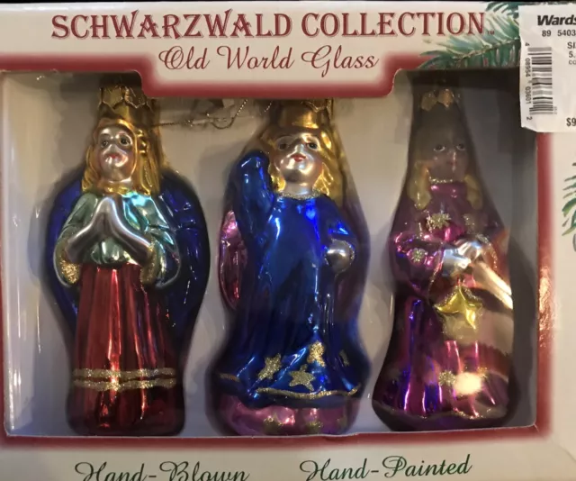 VINTAGE SCHWARZWALD HAND BLOWN Hand Painted 3 Angel CHRISTMAS ORNAMENTS