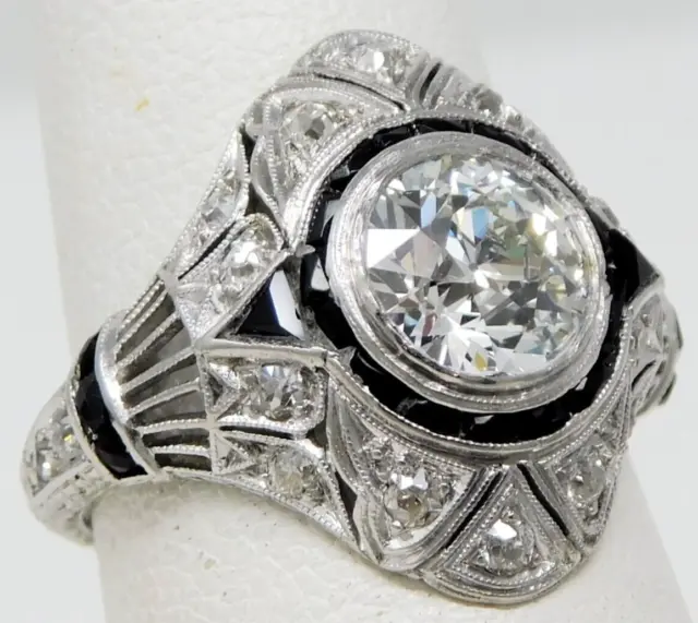 Platinum ART DECO Filigree  1.37 ct GIA J / VS1 Diamond & Onyx Ring Sz 6 B6442