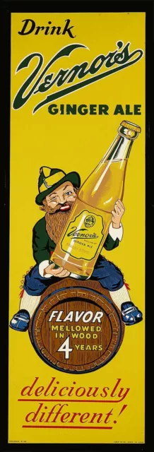 (3) Vernor's Ginger Ale Man On Barrel 24" Heavy Duty Usa Metal Advertising Sign