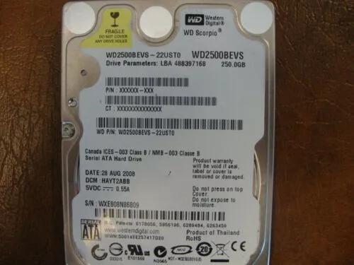 **For Parts Only** WD WD2500BEVS-22UST0 DCM:HAYT2ABB 250gb Sata 2.5" Hard drive