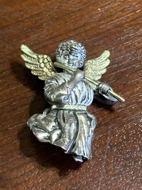 Vintage Silver & Gold Plated Estate Cherub Angel Playing Flute 3D Pin Brooch