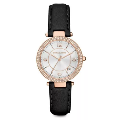 Neuf Michael Kors MK2462 Mini Parker Noir Bande Cuir Blanc Cadran Montre Femme