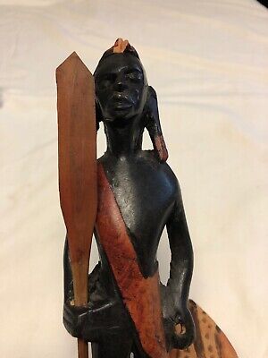 Old Vintage Hand Carved African Figure Weapon And Shield