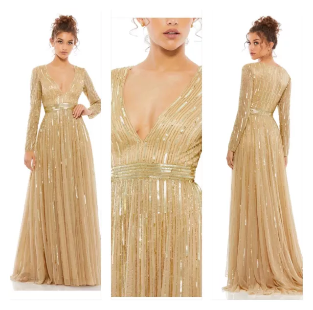 MAC DUGGAL Sequined V-Neck Illusion Sleeve A-Line Long Gown Taupe & Gold Size 12