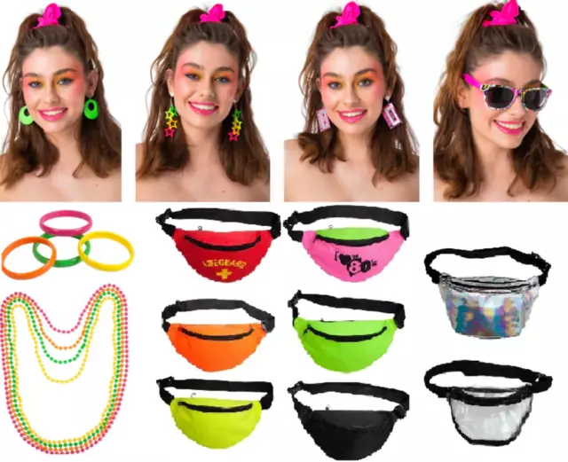 80s Neon Accessories Adults 1980s Fancy Dress Earrings Bum Bag Disco Party