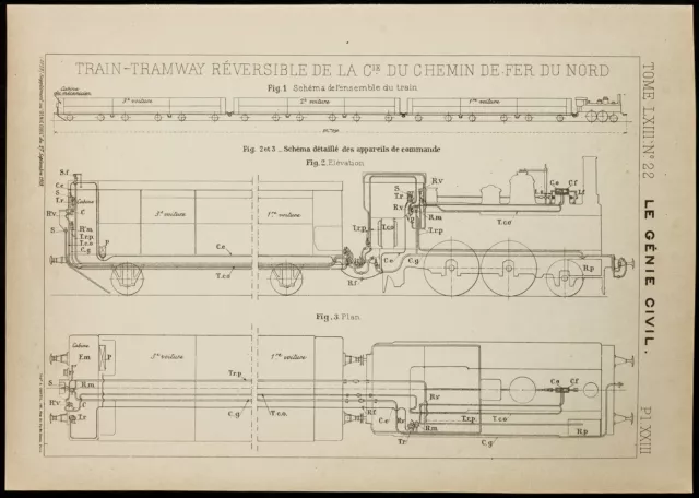 Plan ancien Train-Tramway réversible. Chemin de fer du nord. 1913 Génie civil