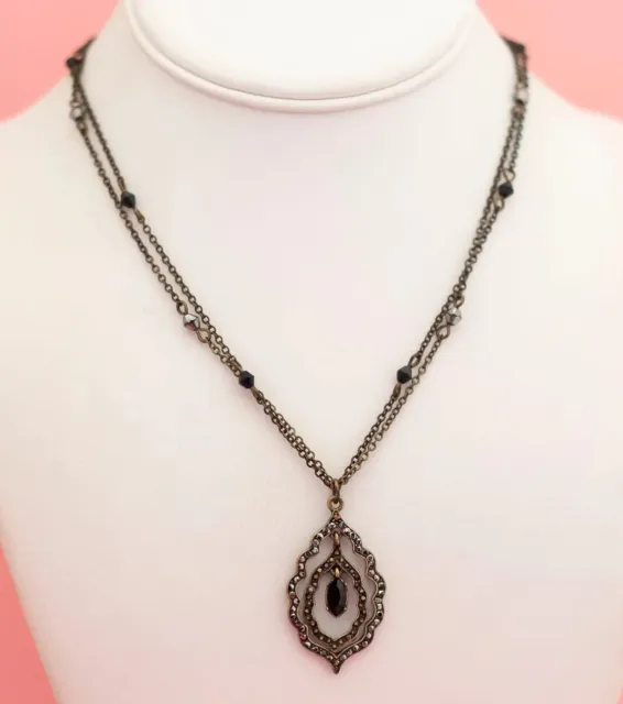 Vintage Gothic Black Gem Necklace. Signed SAQ, 2 Strand Chain with beads. ~16”