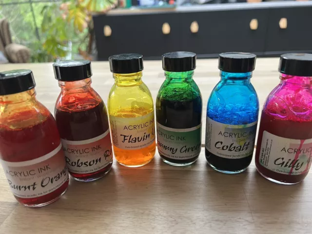 Acrylic Inks For Artists Set Of  6 Job Lot Inks Red Blue Yellow