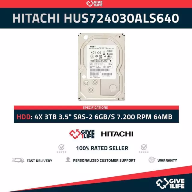 LOT DE 4 PC HITACHI HUS724030ALS640 3 To HDD 3,5" SAS-2 6 Go/S 7 200 tr/min...