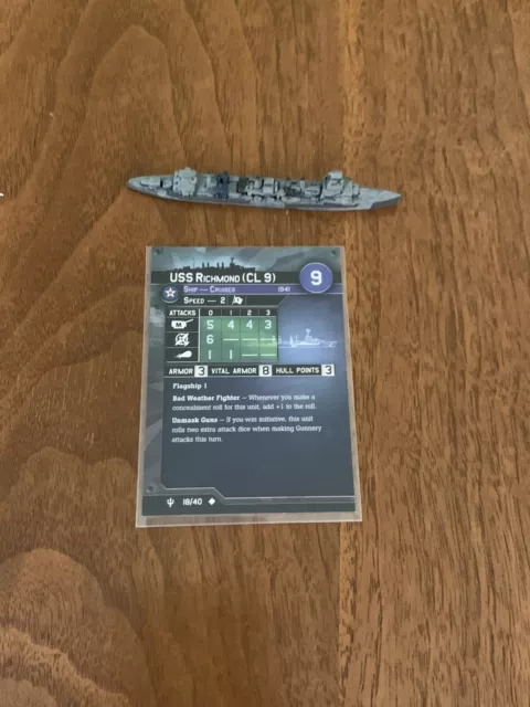 Axis Allies War at Sea FLANK SPEED USS Richmond (CL 9) 18/40 with card