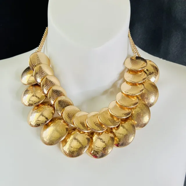 Vintage Shiny Two Row Puffy Lentil Roundelle Gold Chunky Collar Necklace 4358