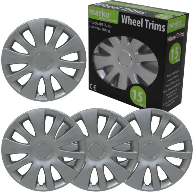 Wheel Trims Set of 4 Universal 15"  Alloy Effect Silver ABS Plastic Covers