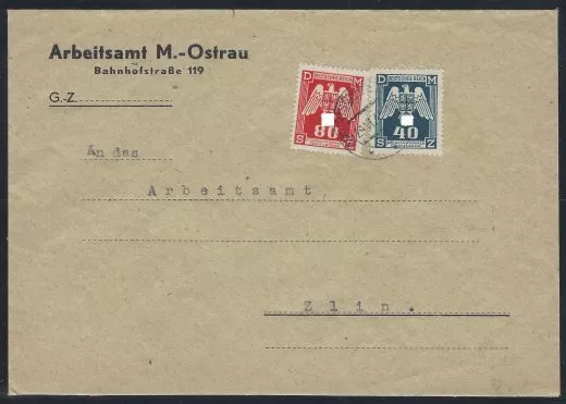 Dt. Bes.-Ausg. Böhmen Mähren 1943 MiNr. 14, 17 Mischfrankatur Dienstbrief MAHR