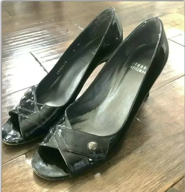 Stuart Weitzman Peep Toe Heels Pumps Black Patent Leather Size 6 GREAT CONDITION