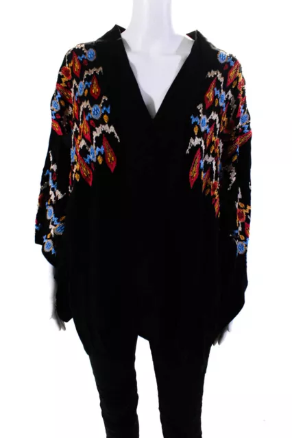 Figue Womens Crepe Embroidered V-Neck Long Sleeve Blouse Top Black Size M/L