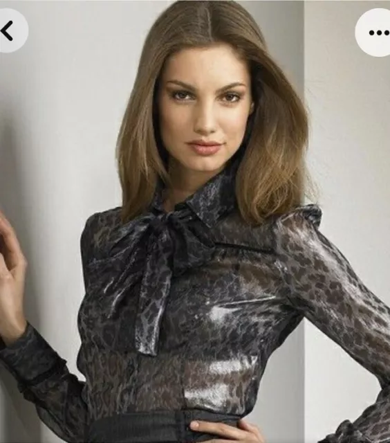 Dolce & Gabbana Silk Chiffon Leopard Print Blouse w/ Pussy Bow Shimmer Sz 40 XS 2