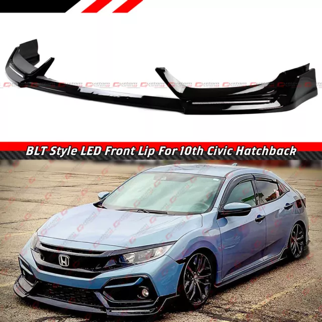 FOR 17-21 HONDA CIVIC Si & HATCHBACK BLZ STYLE GLOSS BLACK LED FRONT BUMPER LIP 2