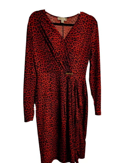 Michael Kors Womens Dress Cat Cheetah Print Faux Wrap Midi Red size Small