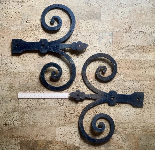Pair Large Antique Wrought Iron Scoll Faux Hinge Straps Architectural Salvage